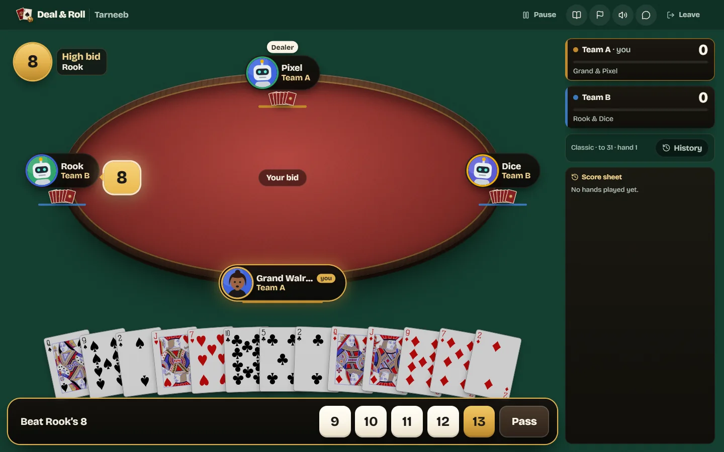 The Tarneeb bidding bar with bids from 9 to 13 and Pass after another player opened at 8, with your 13 cards fanned below.