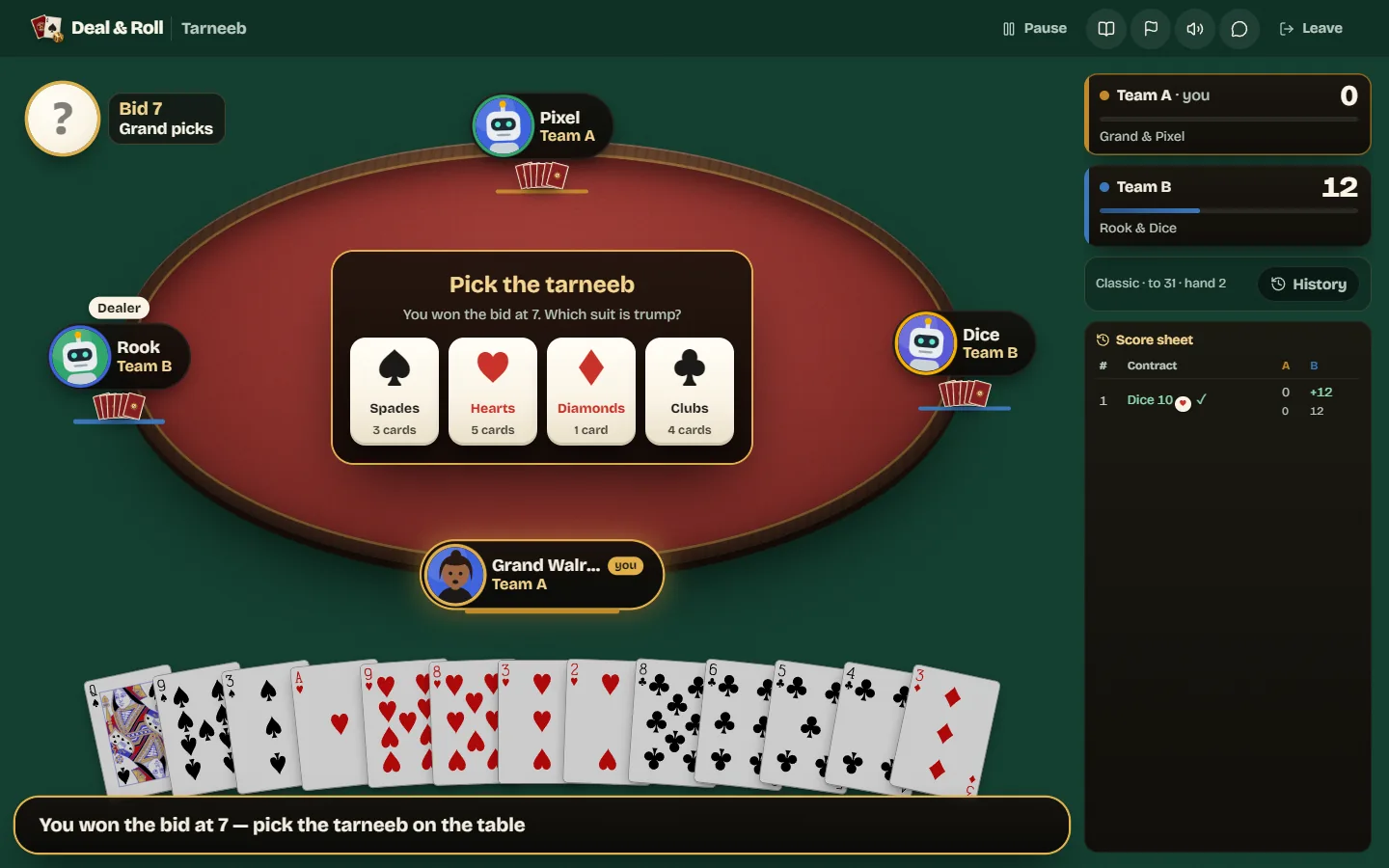 The Pick the tarneeb panel after winning the bid at 7, showing how many cards you hold in each suit.