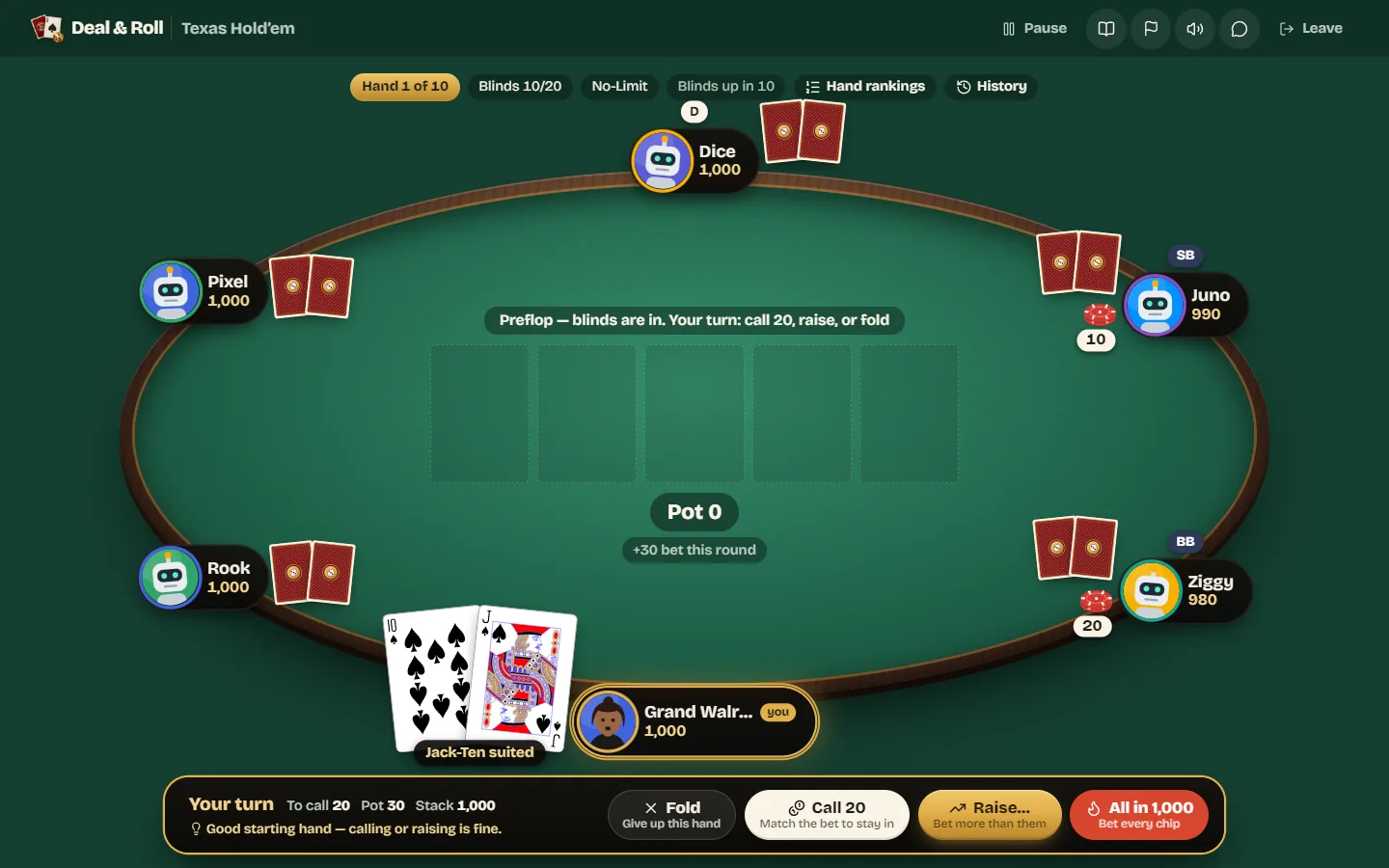A six-player Texas Hold'em table before the flop, with your two cards, the blinds posted and a beginner hint in the action bar.