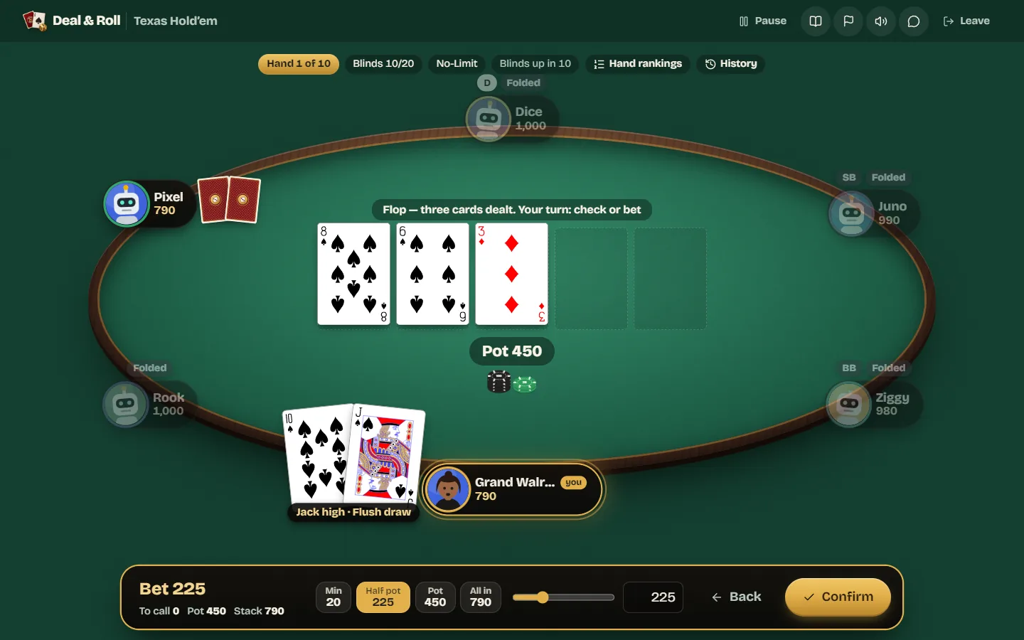 The bet panel on the flop, with quick sizes for min, half pot, pot and all in, a slider and a confirm button.