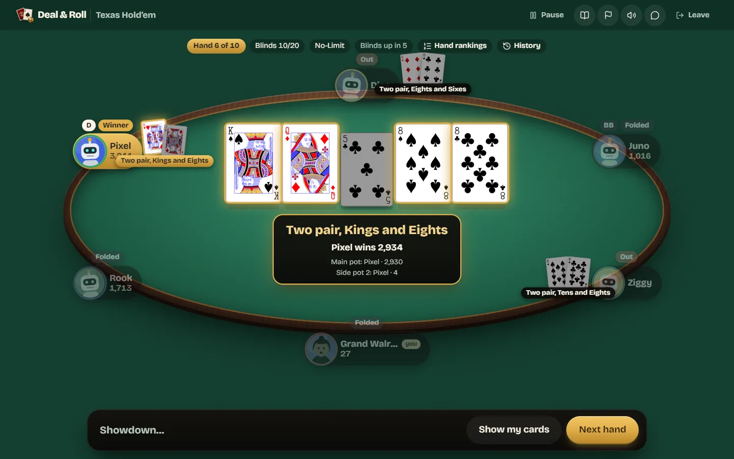 A three-way showdown with a side pot, each player's best hand labelled and the winner marked.