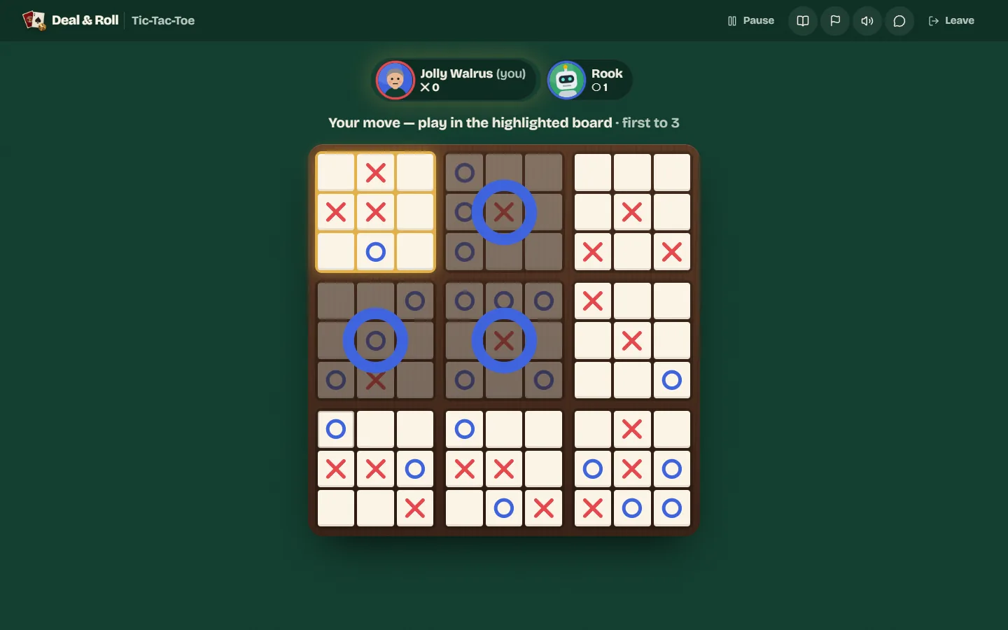 An Ultimate Tic-Tac-Toe board late in a round, with three small boards won by O and the top-left board highlighted as the one X must play in.