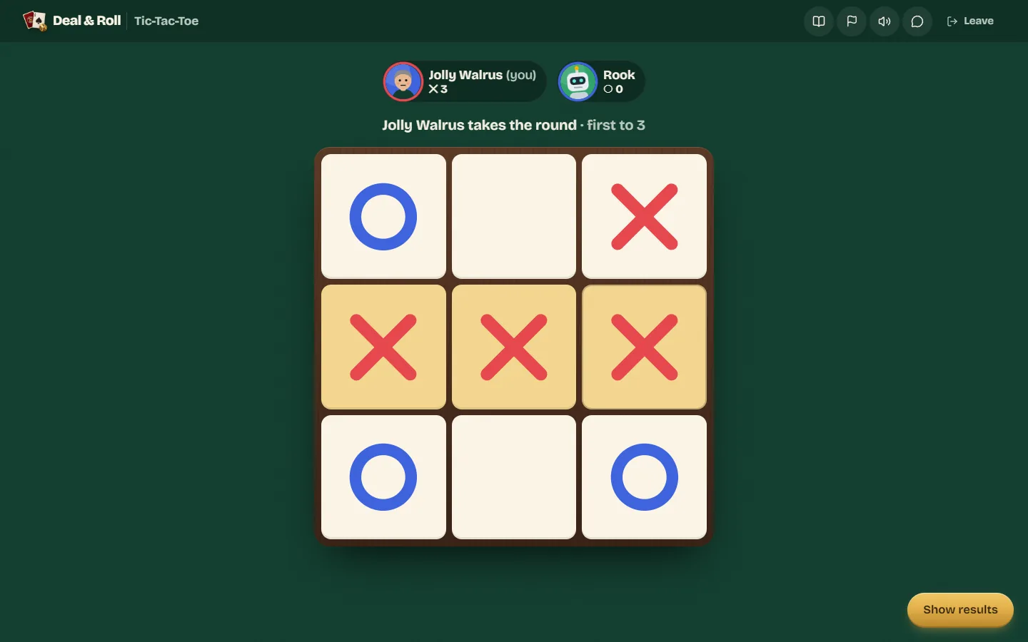 A classic 3 by 3 board where X has won with three marks across the middle row, highlighted in gold.