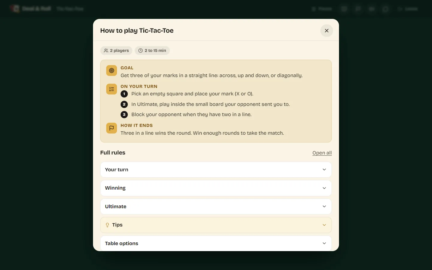 The How to play sheet for Tic-Tac-Toe with the goal, the turn steps and the rules sections.