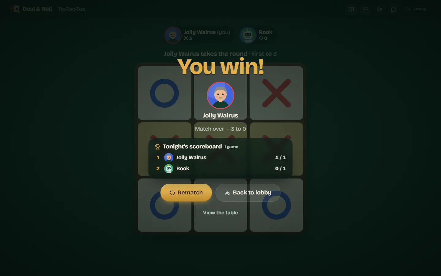 The match result screen: You win, match over 3 to 0 against the bot Rook, with Rematch and Back to lobby buttons.