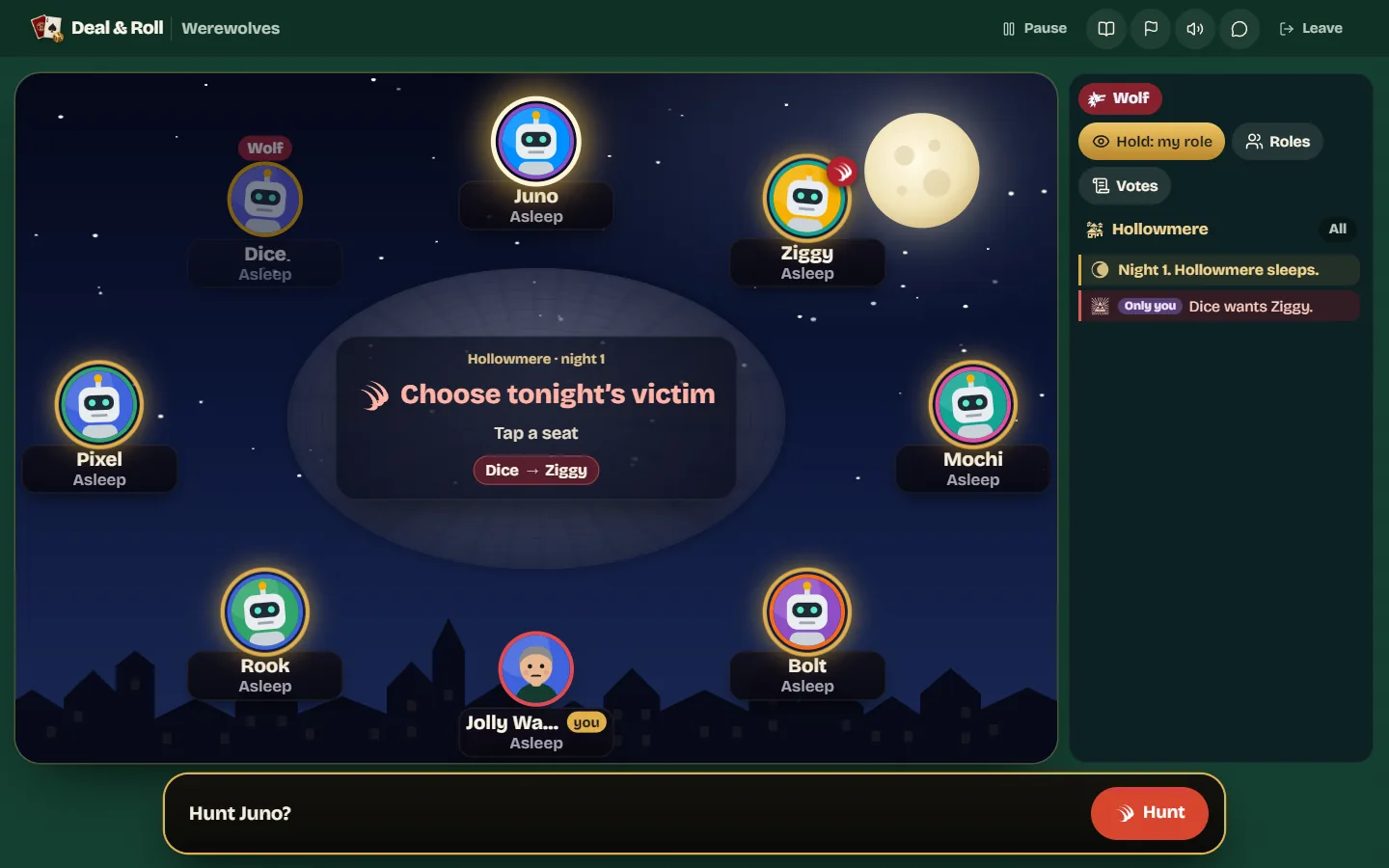 The night view of the village under a full moon, with the player as a wolf choosing tonight's victim and a Hunt button in the action bar.