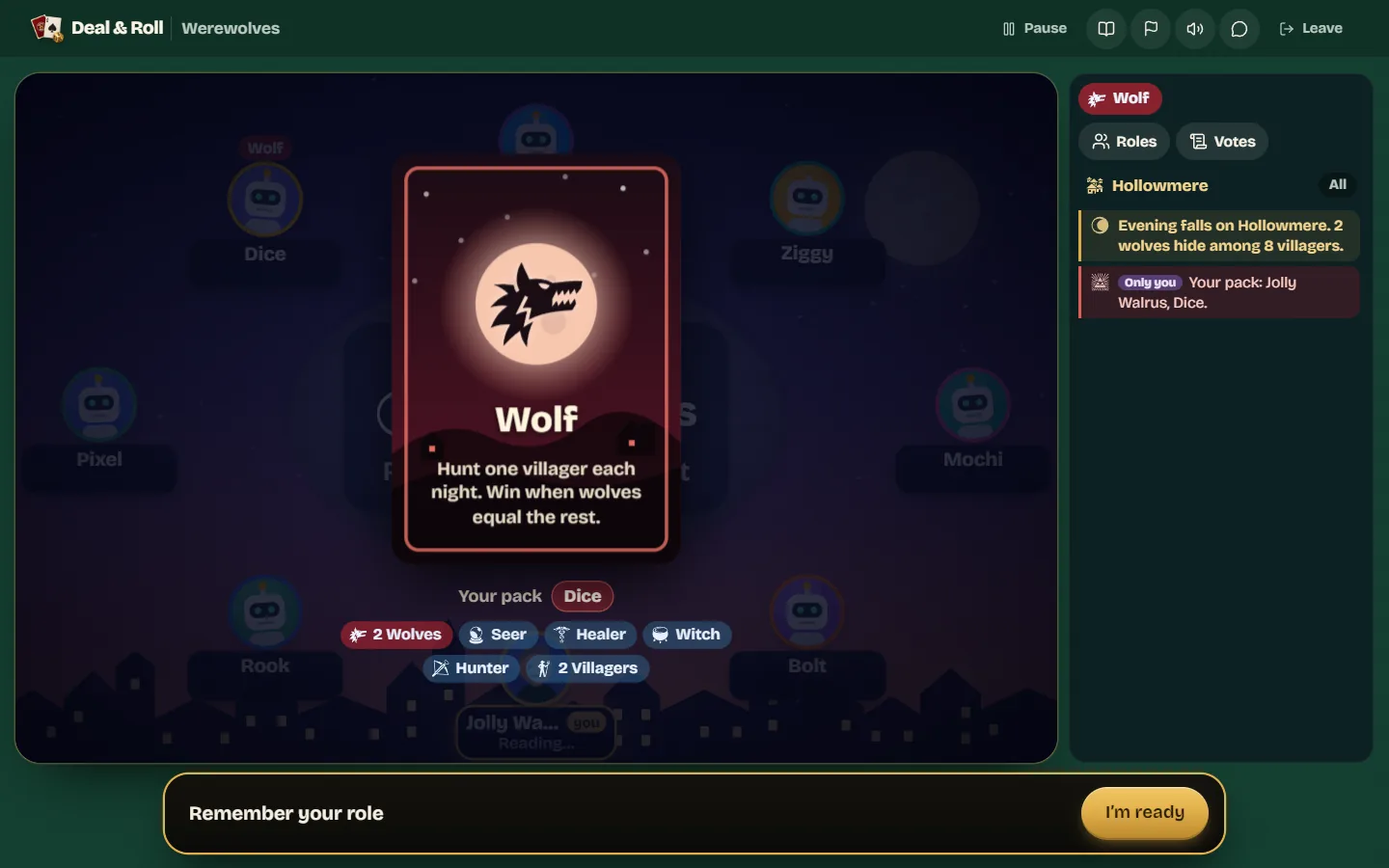 The role card reveal showing the Wolf card, the rest of the pack, and the line-up of 2 Wolves, Seer, Healer, Witch, Hunter and 2 Villagers.