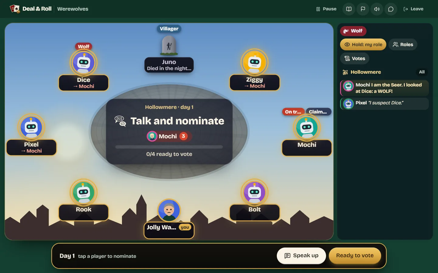 Day 1 in the village: a bot claims to be the Seer and names a wolf in the feed, while three players nominate Mochi.