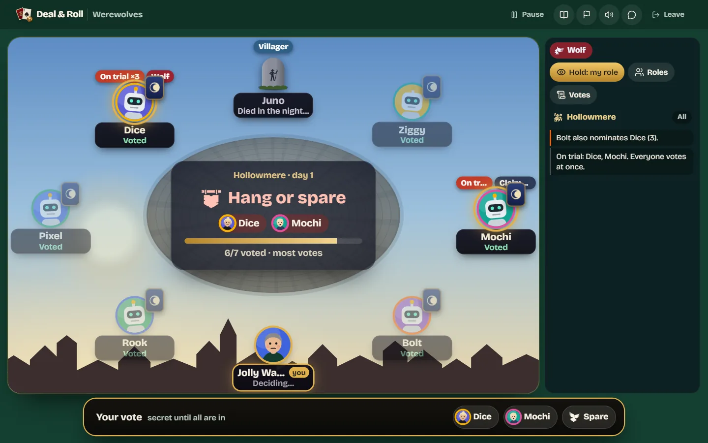 The Hang or spare vote with two players on trial, most seats marked Voted, and buttons for each suspect and Spare.
