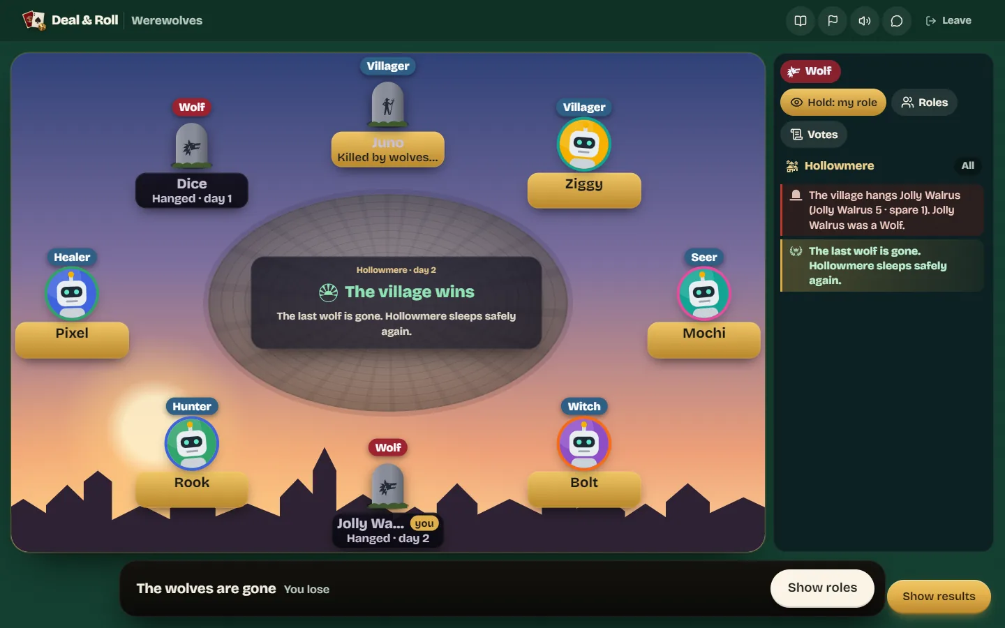 The village at the end of the game with every role shown above its seat and a banner saying the village wins.
